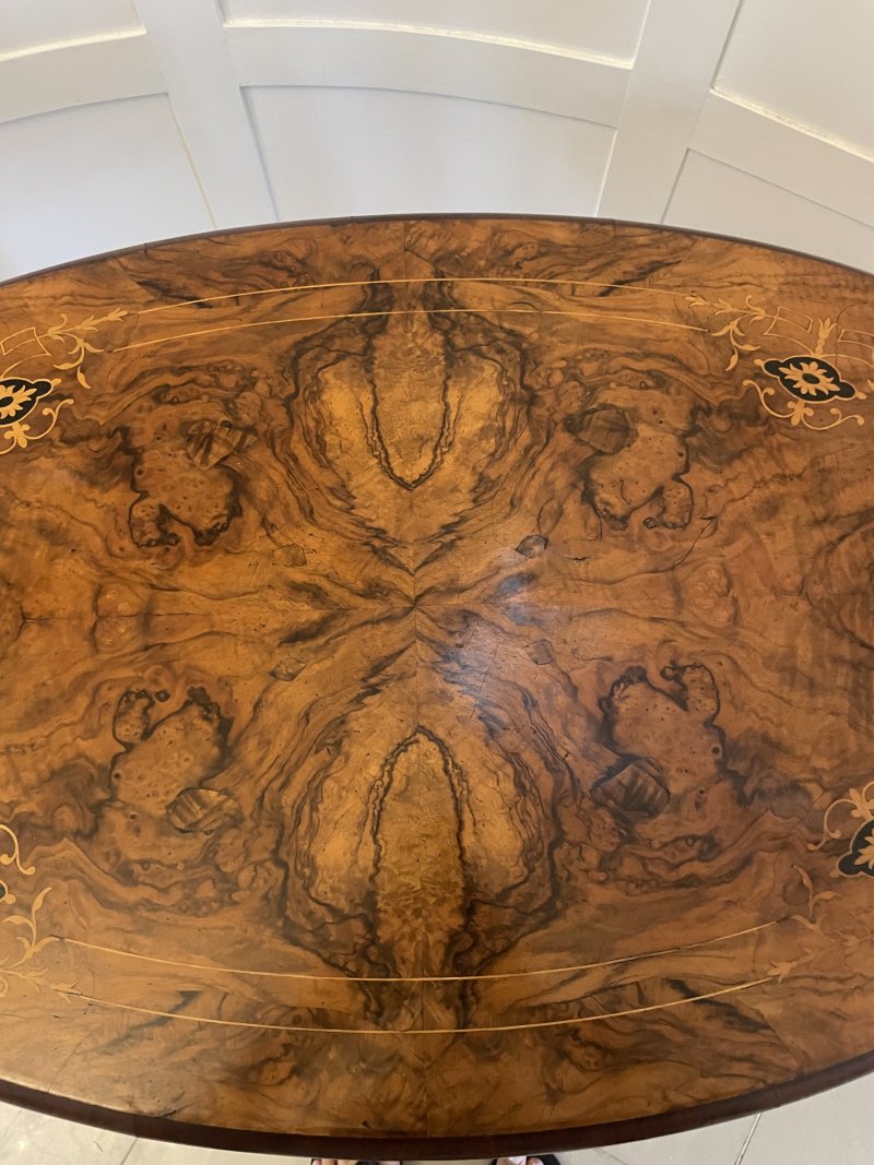 Antique Victorian Quality Inlaid Burr Walnut Oval Centre Table - Image 7